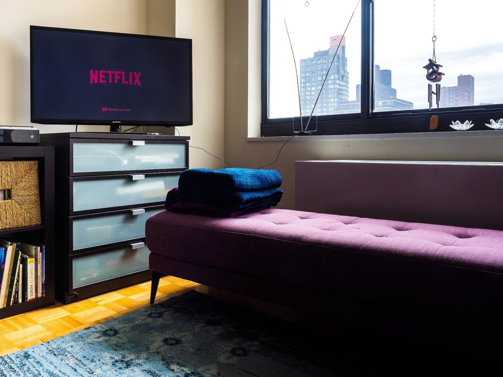 A television showing the Netflix logo in a living room