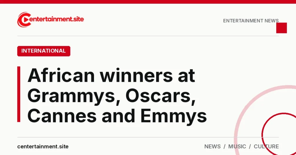 Share card reading "African winners at Grammys, Oscars, Cannes and Emmys" in the International section of centertainment.site