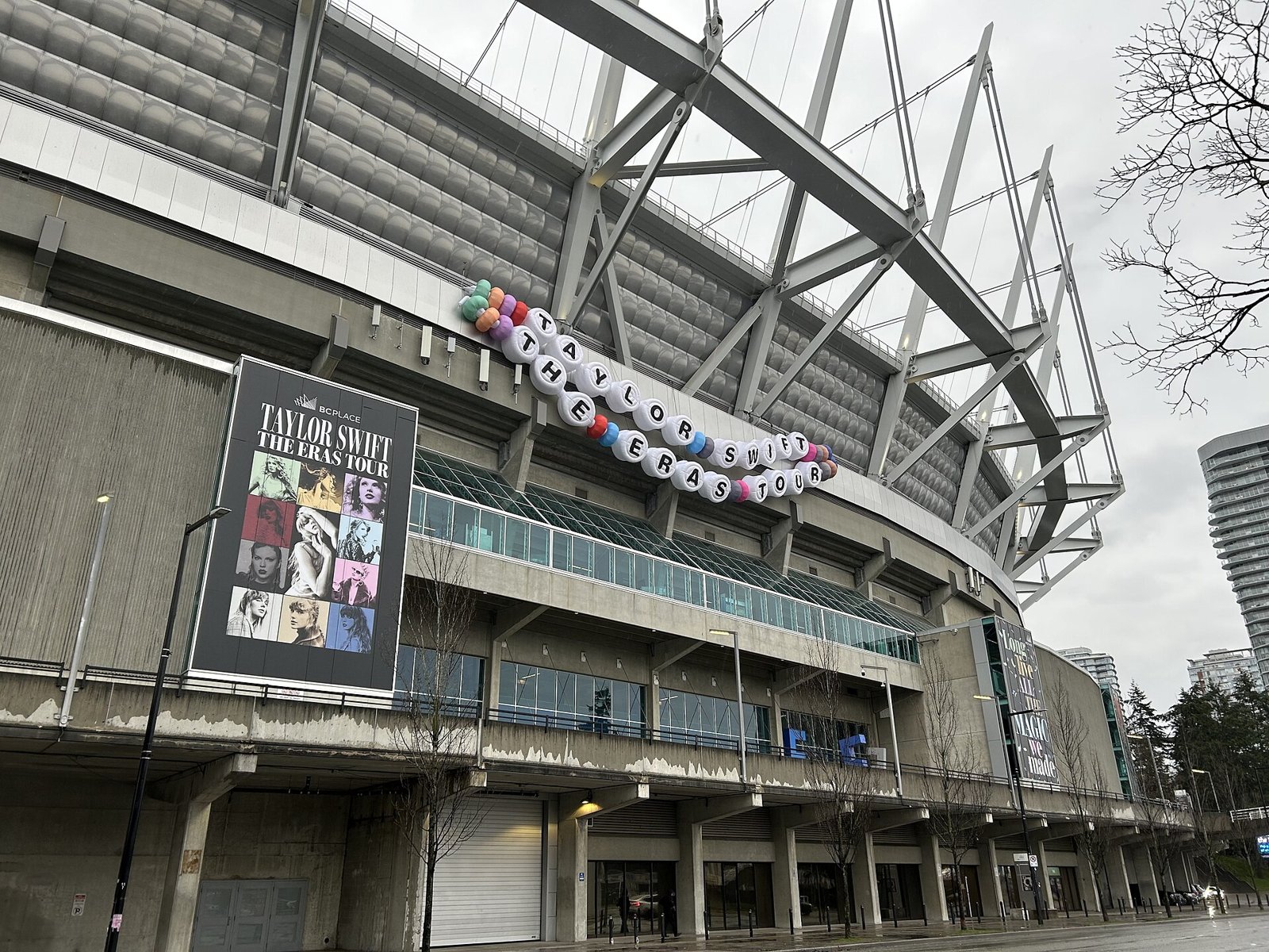 Eras Tour friendship bracelet display and poster on the side of BC Place stadium