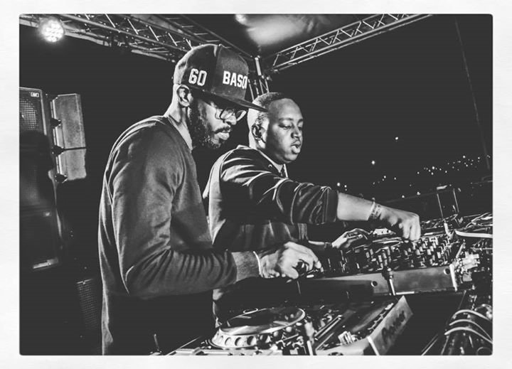 Shimza and Black Coffee playing a DJ set together in black and white