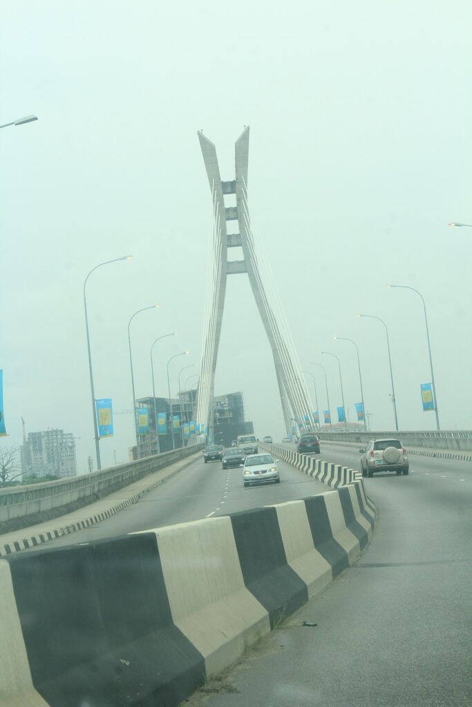 The cable-stayed Lekki–Ikoyi Link Bridge in Lagos with cars on the road