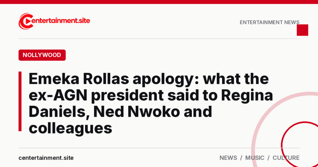 Branded Centertainment share card with the headline about Emeka Rollas’s apology