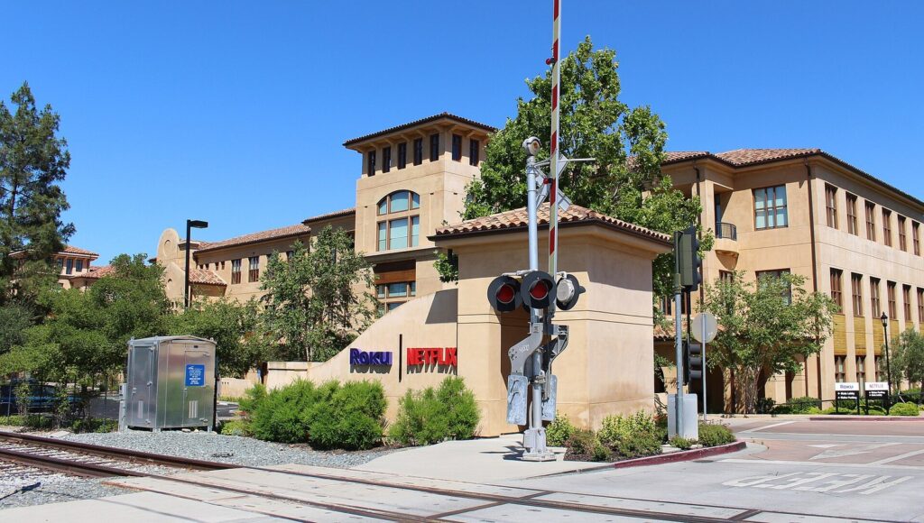 Netflix office building with its red logo in Los Gatos, California