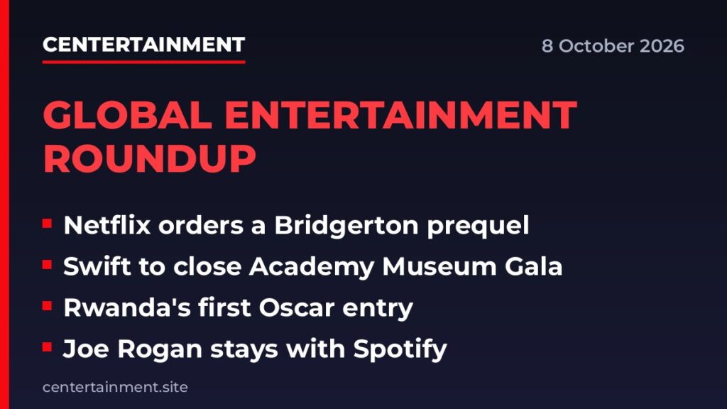 Centertainment graphic for entertainment news on 8 October 2026, with teasers on the Lady Violet Bridgerton prequel, Taylor Swift at the Academy Museum Gala, Rwanda's first Oscar entry and Joe Rogan's Spotify deal